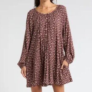 Melrose and Market Burgundy Fudge Wind Floral Babydoll Mini Dress | XS